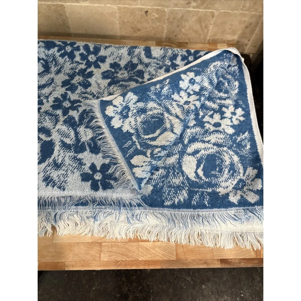 2 Vintage Fieldcrest Cotton Hand Dish Towel Blue Flowers Cottagecore Grandmacore